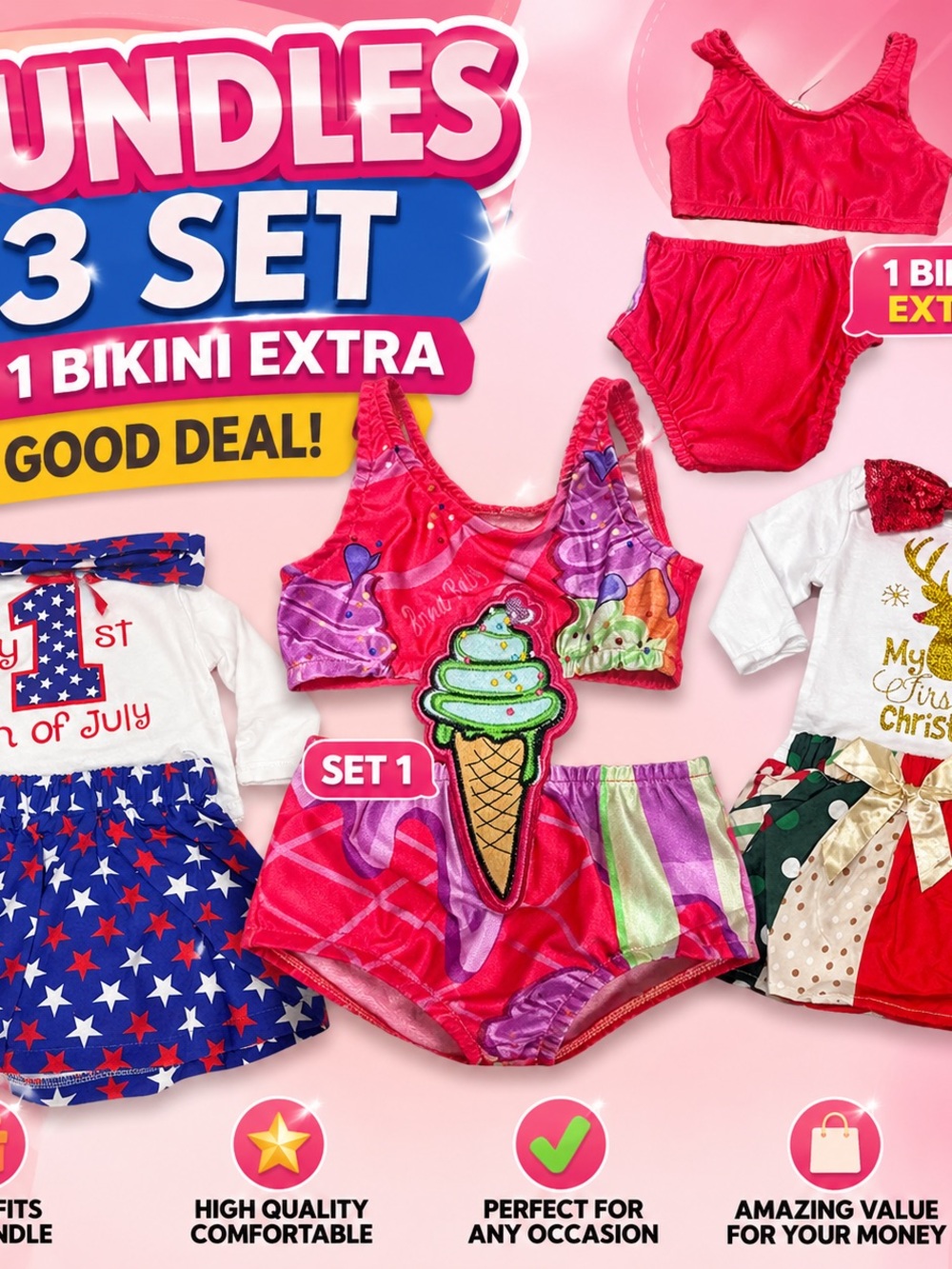 PatPat Pink & Multicolor Girls Ice Cream Bikini Two-Piece Set